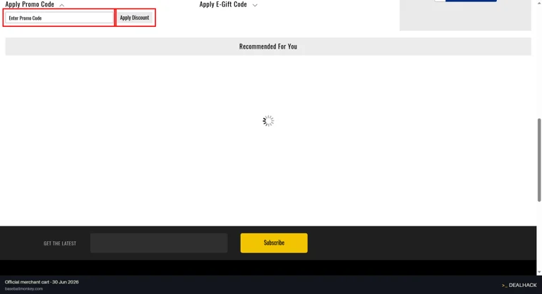 Baseball Monkey checkout page showing the Enter Promo Code field and Apply Discount button
