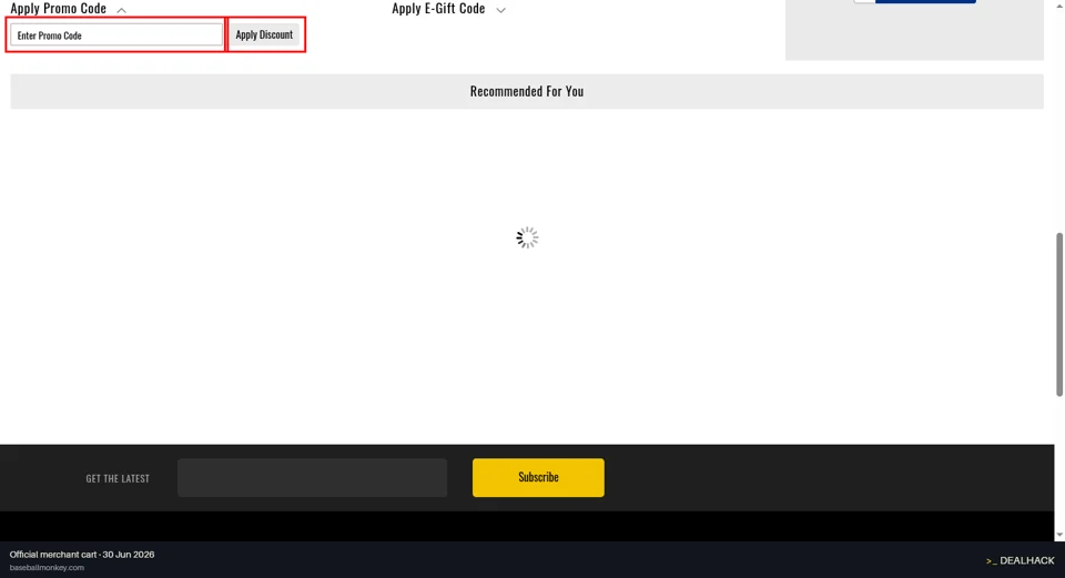 Baseball Monkey checkout page showing the Enter Promo Code field and Apply Discount button