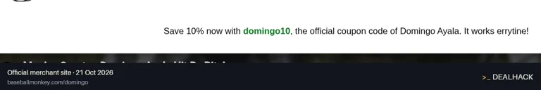 Screenshot of Baseball Monkey's website on Oct 21, 2026 showing the "Get 10% Off With Domingo Ayala" offer