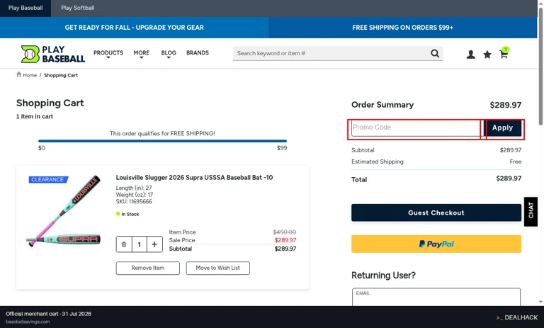 Baseball Savings checkout page showing the Promo Code field and Apply button