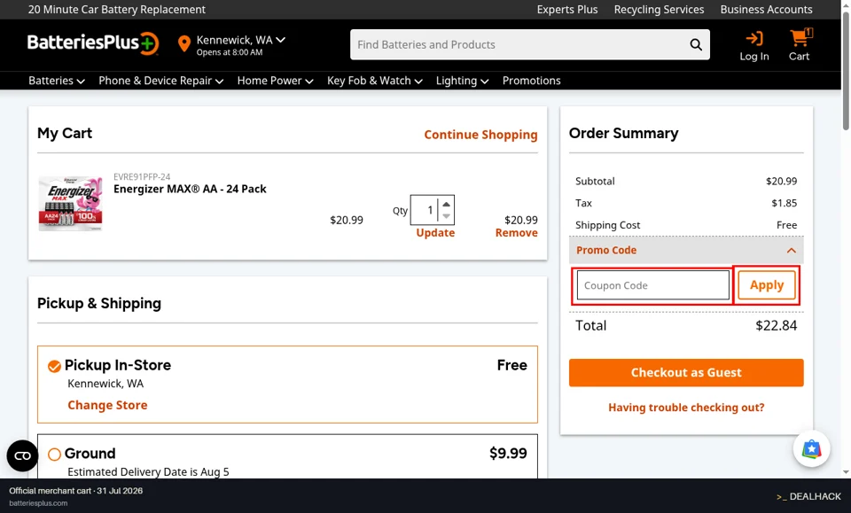 Batteries Plus checkout page showing the Coupon Code field and Apply button