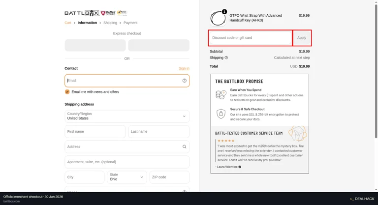 Battlbox checkout page showing the Discount code or gift card field and Apply button