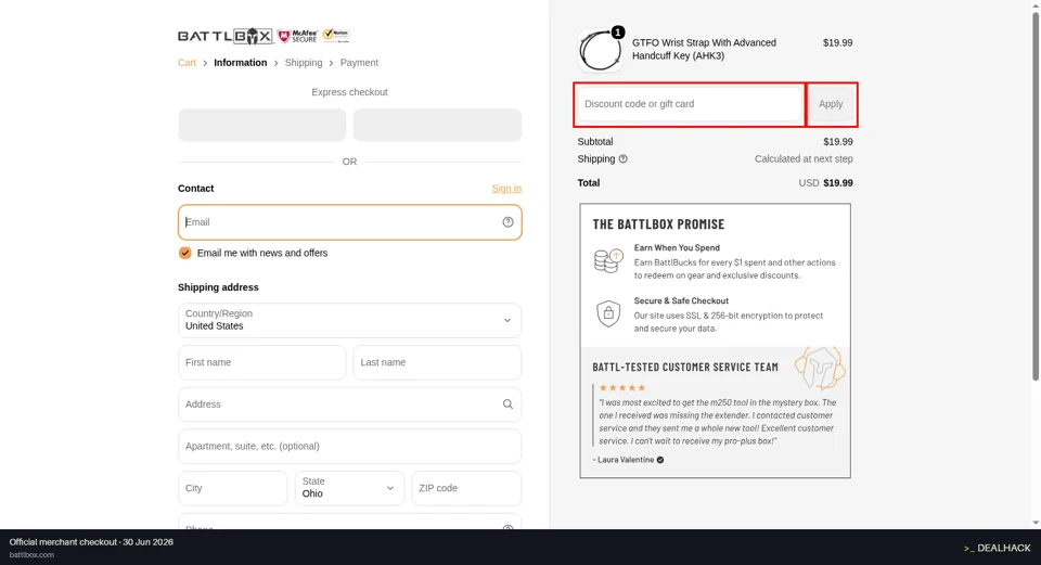 Battlbox checkout page showing the Discount code or gift card field and Apply button
