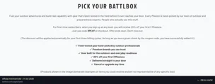 Screenshot of Battlbox's website on Oct 21, 2026 showing the "Save 20% on Your First Three Battlbox Missions" offer