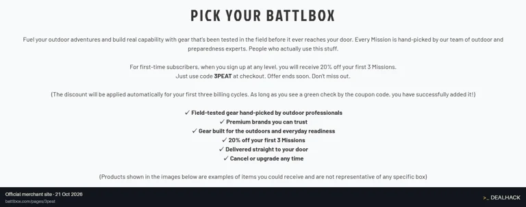 Screenshot of Battlbox's website on Oct 21, 2026 showing the "Save 20% on Your First Three Battlbox Missions" offer