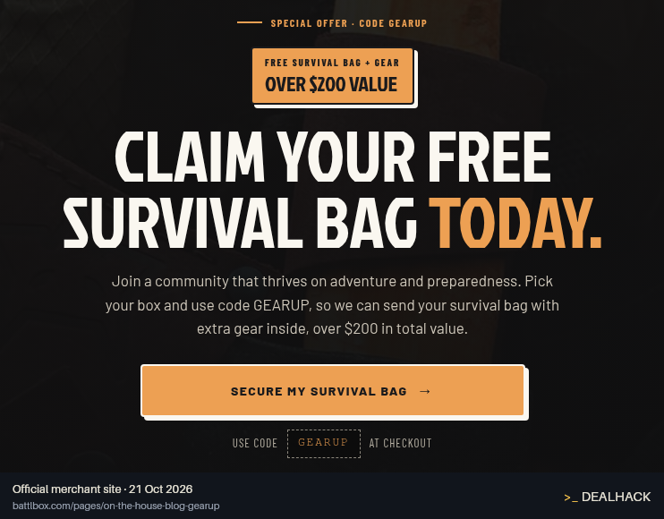 Screenshot of Battlbox's website on Oct 21, 2026 showing the "Get a Free Survival Bag and Gear With a Subscription" offer