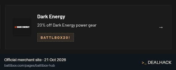 Screenshot of Battlbox's website on Oct 21, 2026 showing the "Save 20% on Dark Energy Power Gear" offer