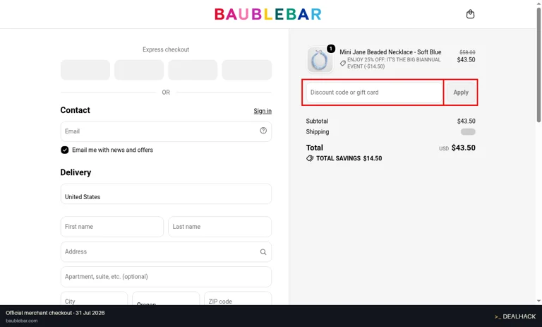 BaubleBar checkout page showing the Discount code or gift card field and Apply button