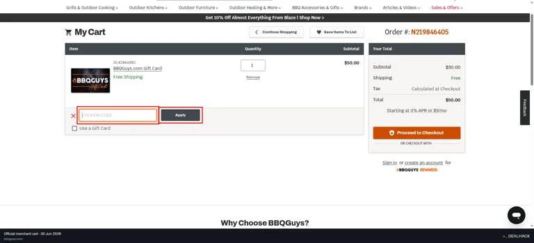 BBQ Guys checkout page showing the Have a Coupon Code? field and Apply button