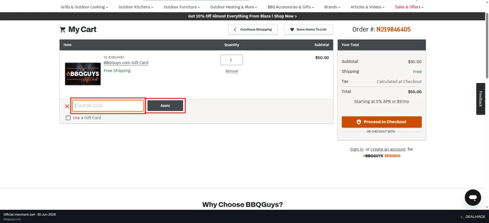 BBQ Guys checkout page showing the Have a Coupon Code? field and Apply button