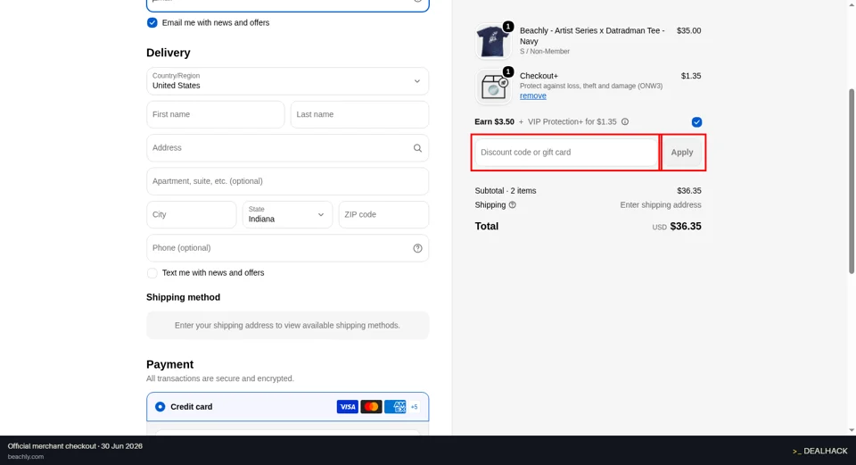 Beachly checkout page showing the Discount code or gift card field and Apply button