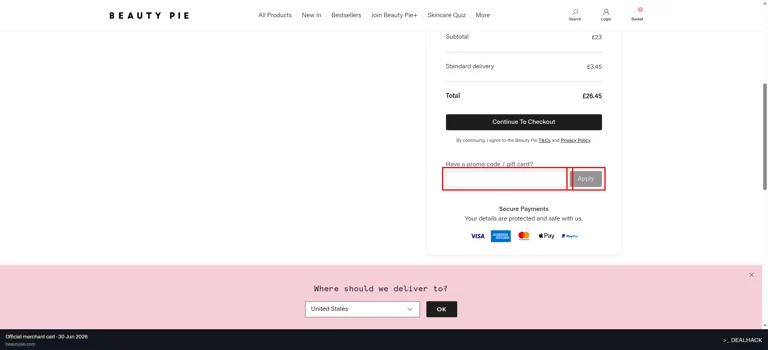 Beauty Pie checkout page showing the promo code field and Apply button