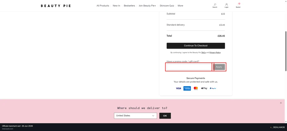 Beauty Pie checkout page showing the promo code field and Apply button