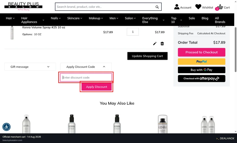 Beauty Plus Salon checkout page showing the Enter discount code field and Apply Discount button