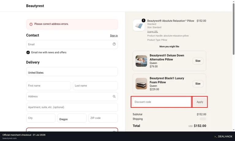Beautyrest checkout page showing the Discount code field and Apply button