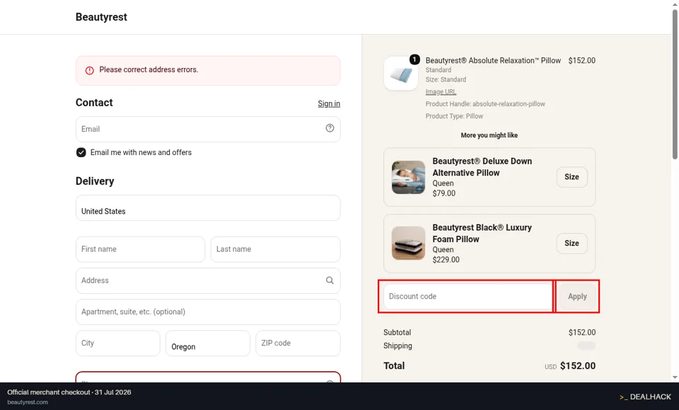 Beautyrest checkout page showing the Discount code field and Apply button