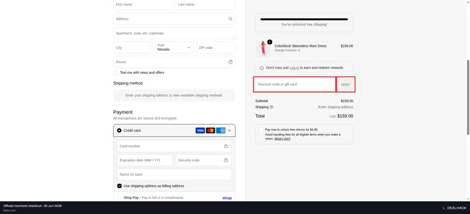 bebe checkout page showing the Discount code or gift card field and Apply button