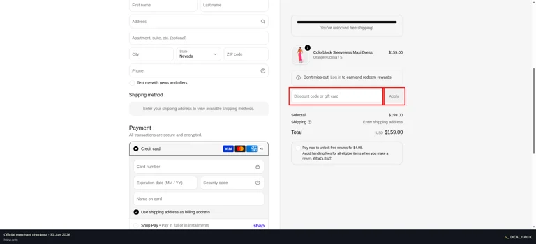 bebe checkout page showing the Discount code or gift card field and Apply button