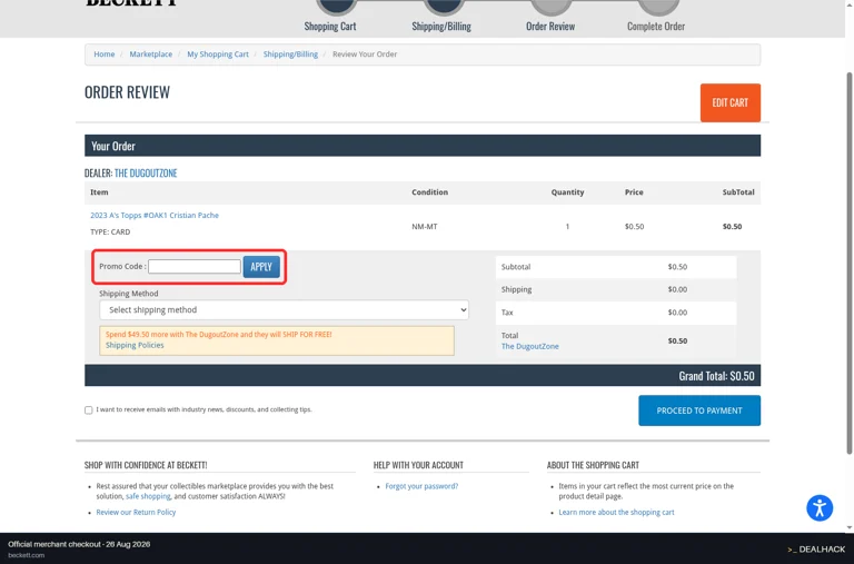 Beckett checkout page showing the Promo Code : field and Apply button