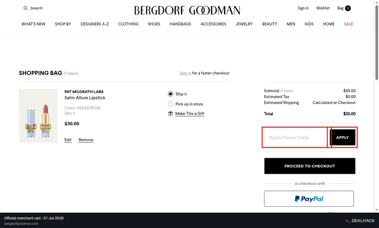 Bergdorf Goodman checkout page showing the Apply Promo Code field and APPLY button
