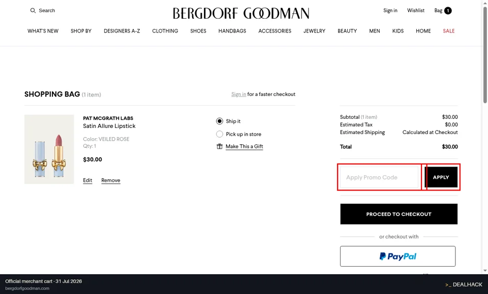Bergdorf Goodman checkout page showing the Apply Promo Code field and APPLY button