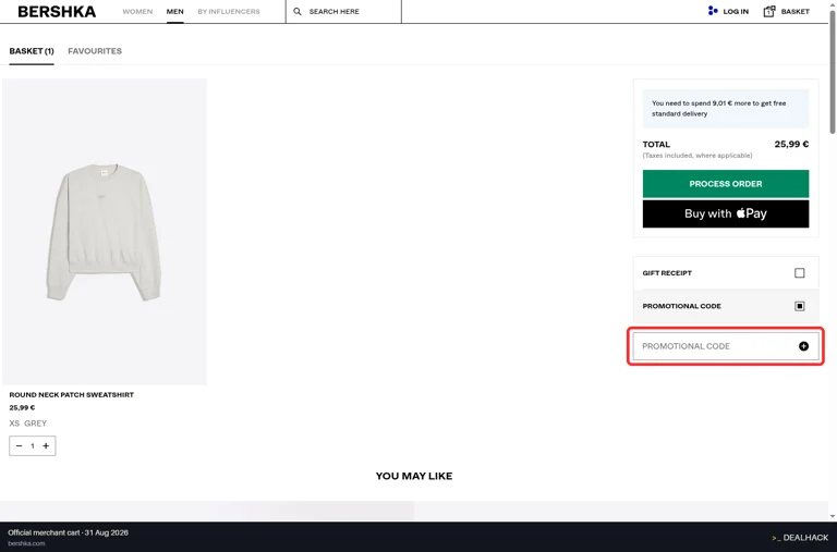 Bershka checkout page showing the PROMOTIONAL CODE field and Add button