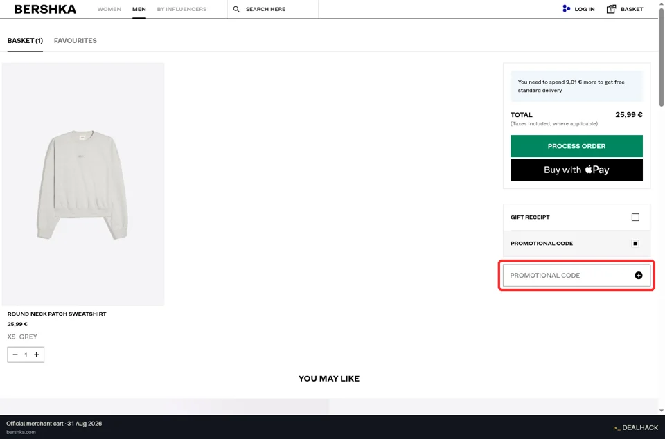 Bershka checkout page showing the PROMOTIONAL CODE field and Add button