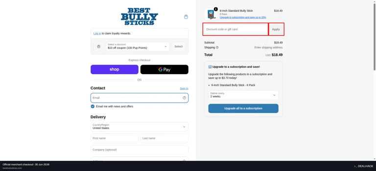 Best Bully Sticks checkout page showing the Discount code or gift card field and Apply button