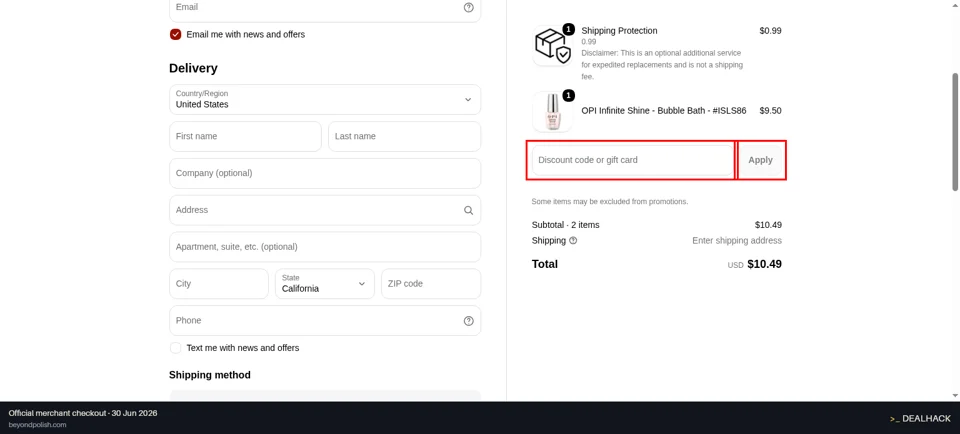 Beyond Polish checkout page showing the Discount code or gift card field and Apply button
