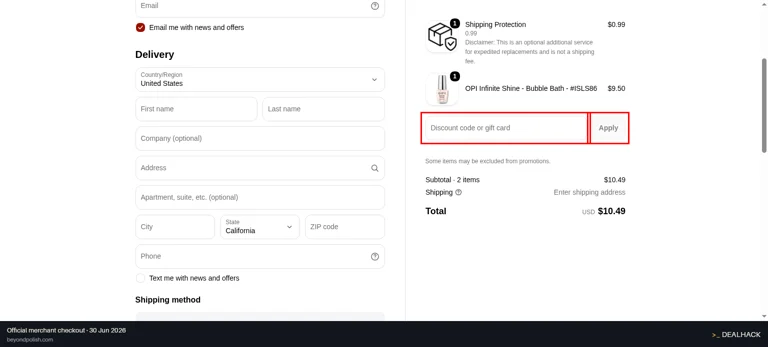 Beyond Polish checkout page showing the Discount code or gift card field and Apply button