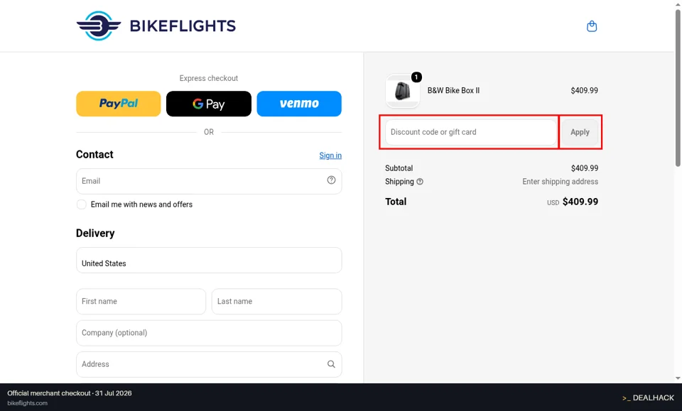 BikeFlights checkout page showing the Discount code or gift card field and Apply button