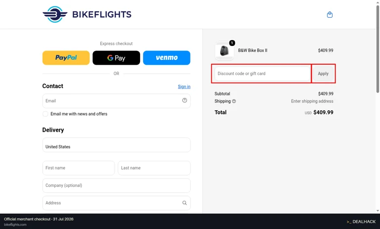 BikeFlights checkout page showing the Discount code or gift card field and Apply button