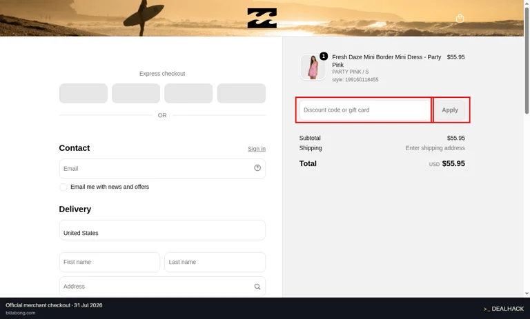 Billabong checkout page showing the Discount code or gift card field and Apply button