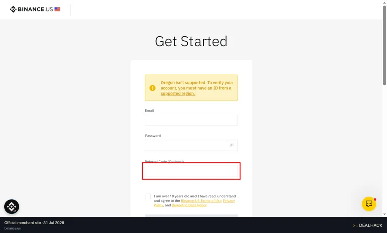 Binance checkout page showing the Referral Code (Optional) field and Apply button