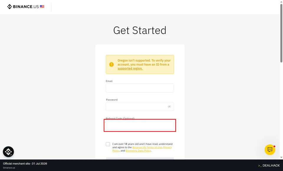 Binance checkout page showing the Referral Code (Optional) field and Apply button