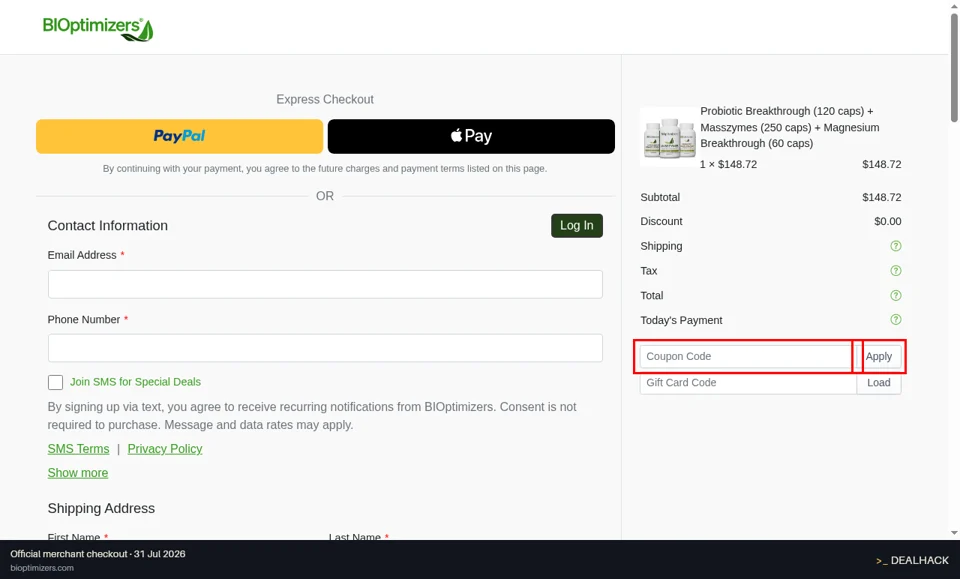 BIOptimizers checkout page showing the Coupon Code field and Apply button