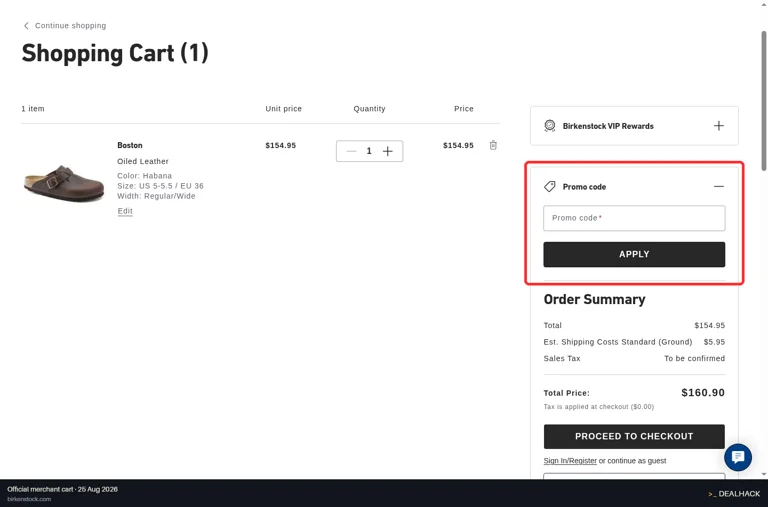 Birkenstock checkout page showing the Promo code field and APPLY button