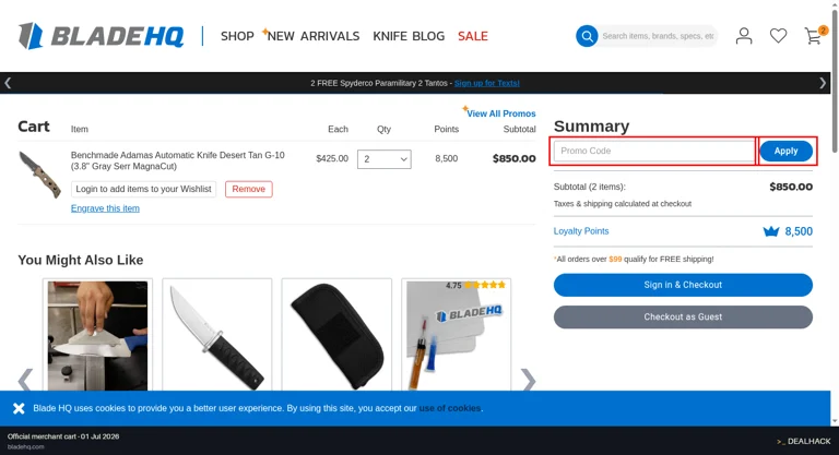 Blade HQ checkout page showing the Promo Code field and Apply button