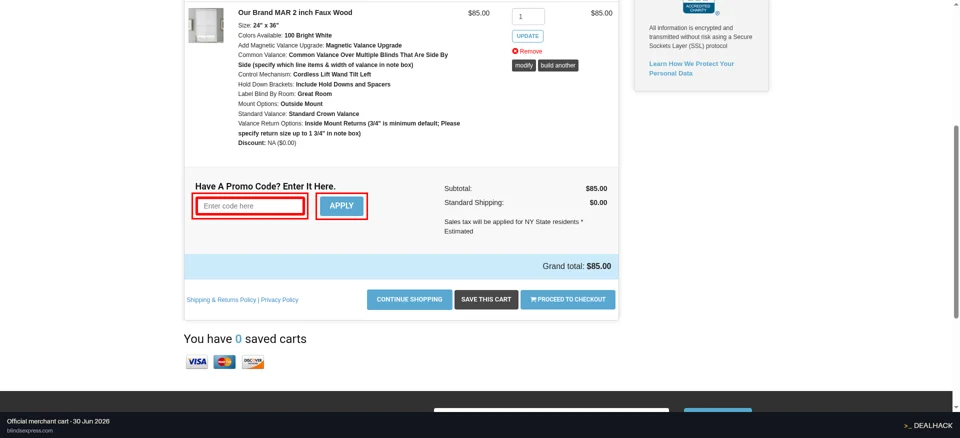 Blinds Express checkout page showing the Have A Promo Code? Enter It Here. field and Apply button