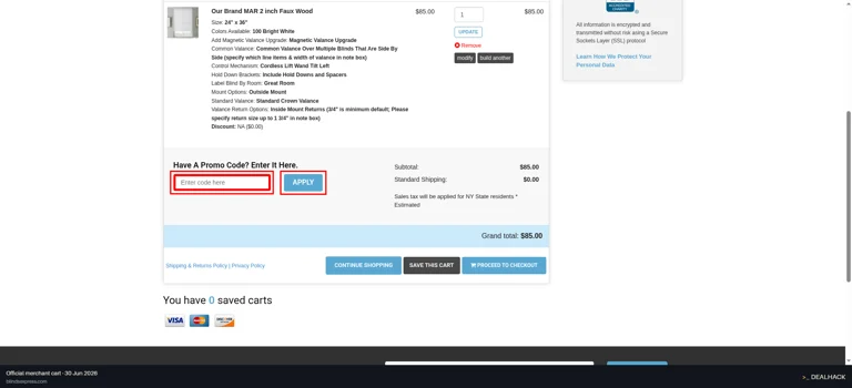Blinds Express checkout page showing the Have A Promo Code? Enter It Here. field and Apply button