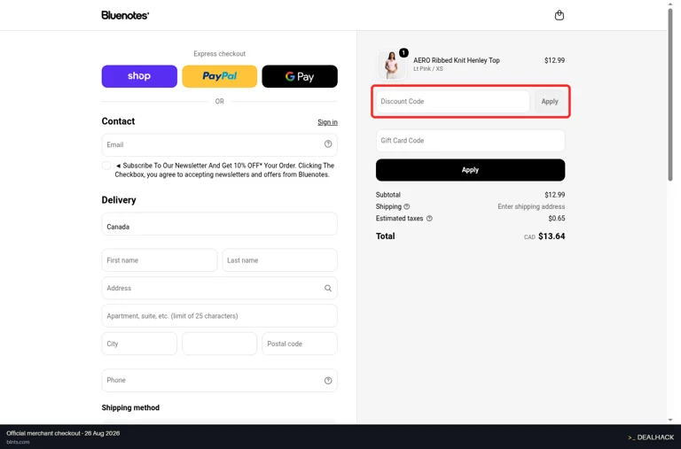 Bluenotes checkout page showing the Discount Code field and Apply button