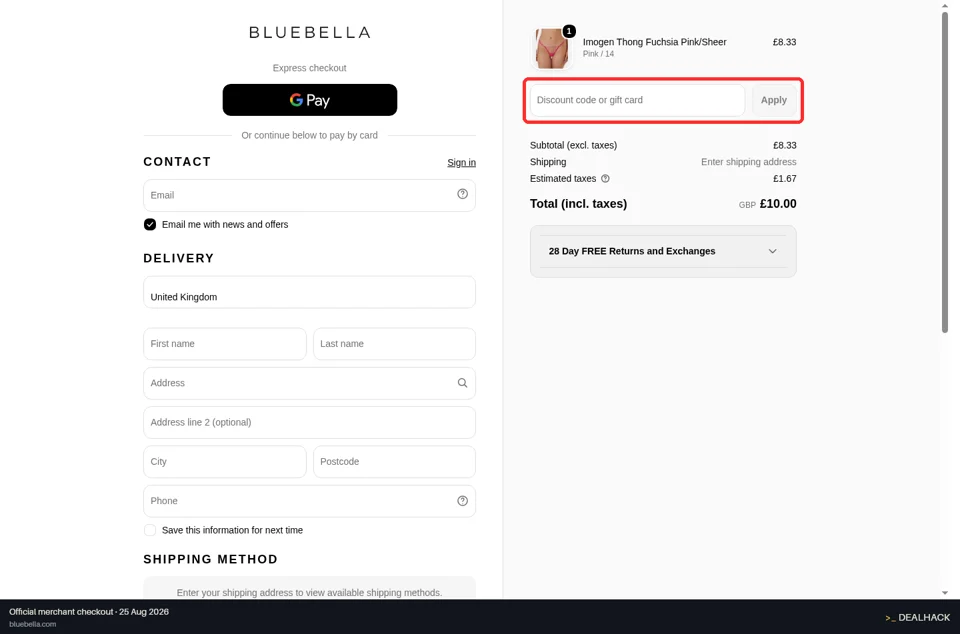 Bluebella checkout page showing the Discount code or gift card field and Apply button