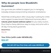 Screenshot of Bluebird Botanicals's website on Oct 20, 2026 showing the "Save 40% on Your First Bluebird Order" offer