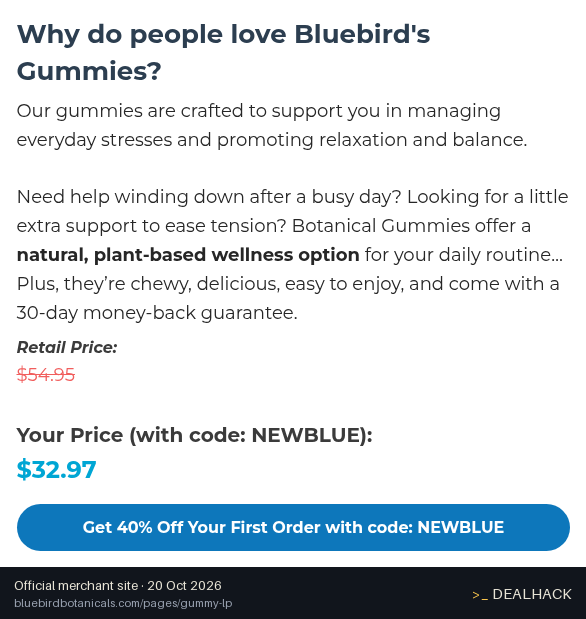 Screenshot of Bluebird Botanicals's website on Oct 20, 2026 showing the "Save 40% on Your First Bluebird Order" offer