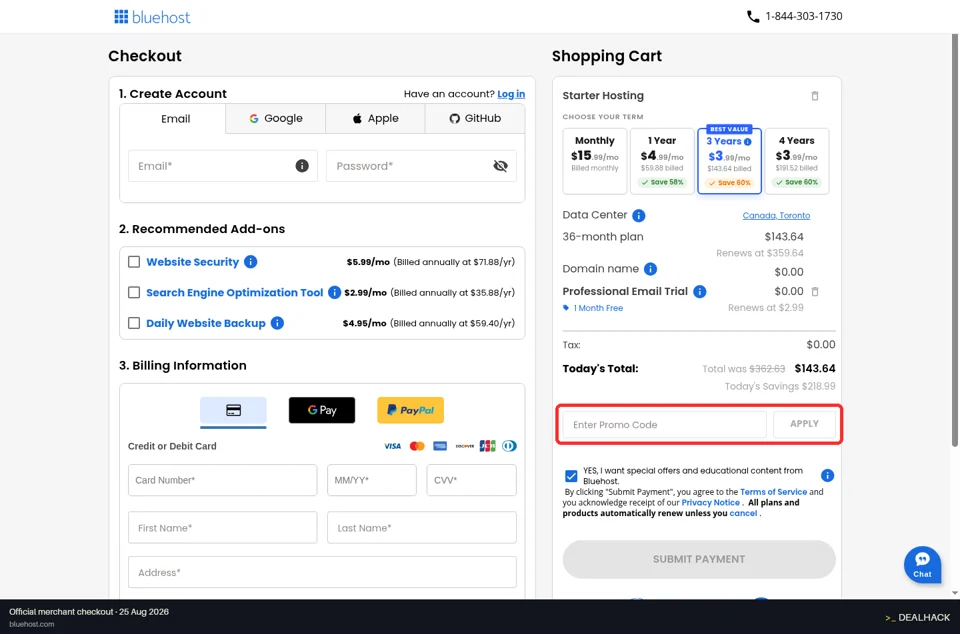 Bluehost checkout page showing the Enter Promo Code field and Apply button