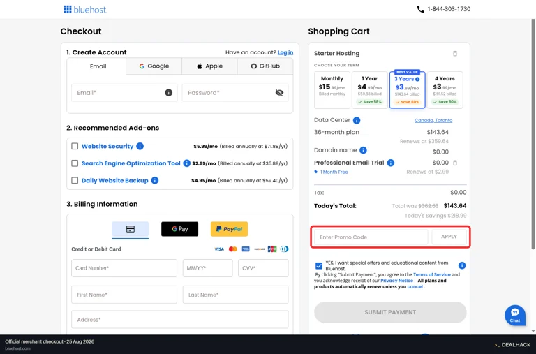Bluehost checkout page showing the Enter Promo Code field and Apply button
