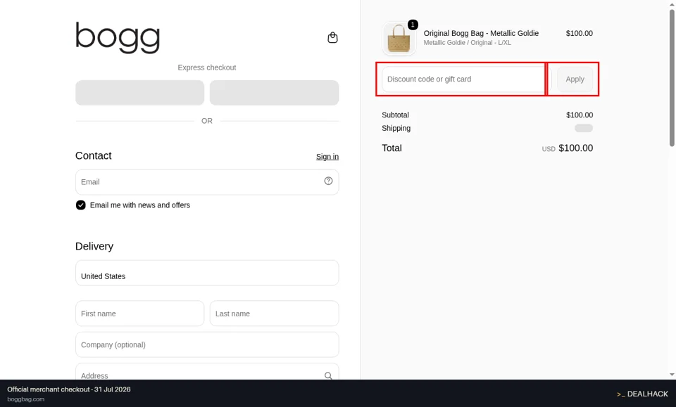 Bogg Bag checkout page showing the Discount code or gift card field and Apply button