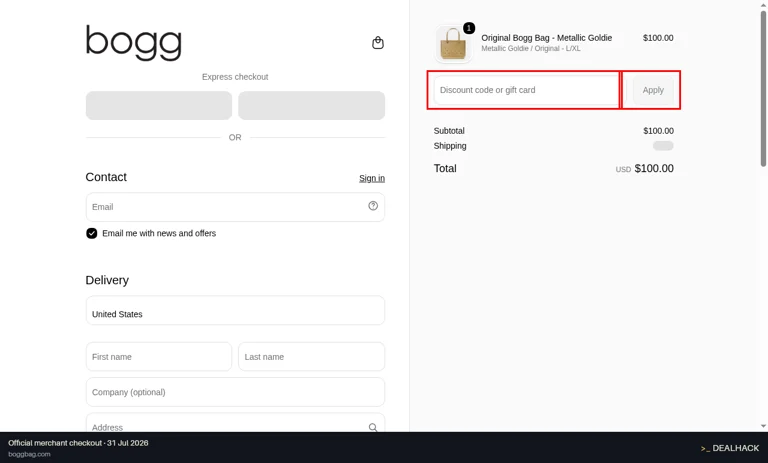 Bogg Bag checkout page showing the Discount code or gift card field and Apply button