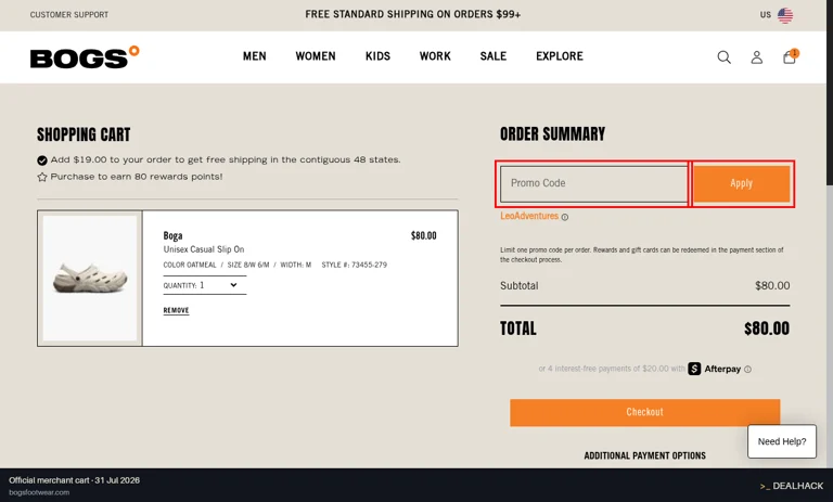 BOGS Footwear checkout page showing the Promo Code field and Apply button
