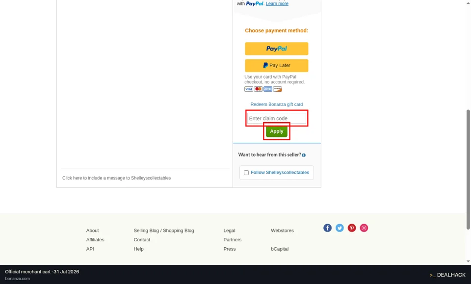 Bonanza checkout page showing the Enter claim code field and Apply button